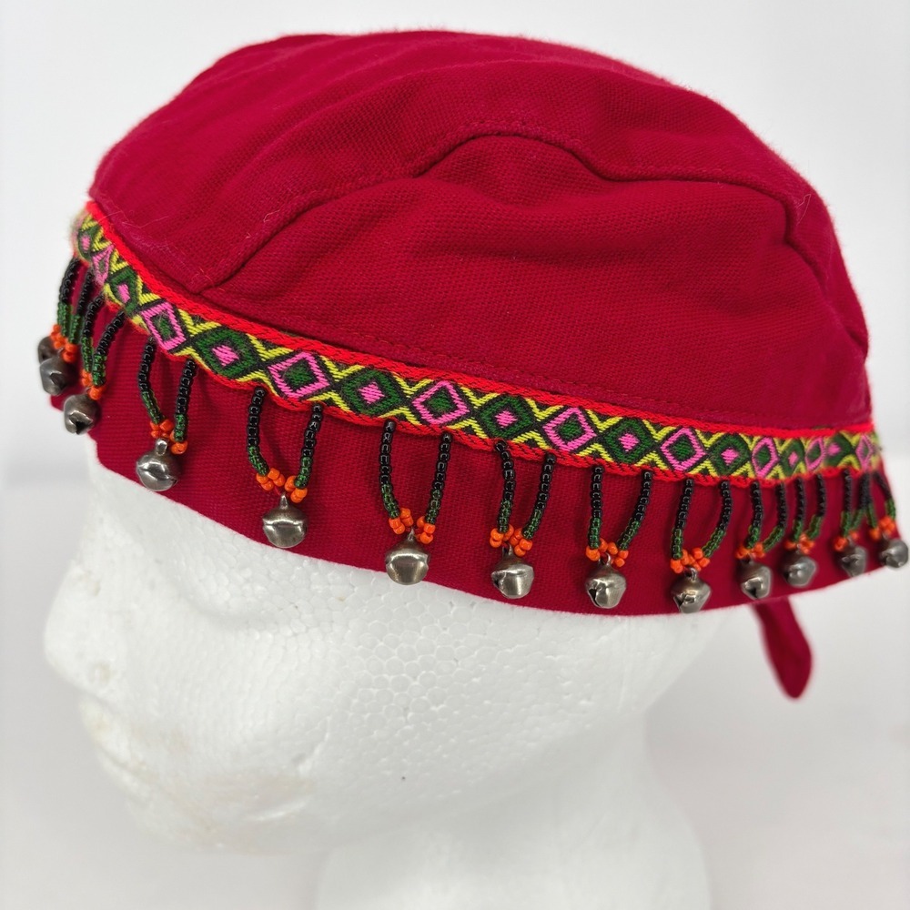 Red Embroidered Pom-Pom Trim Cotton Hat